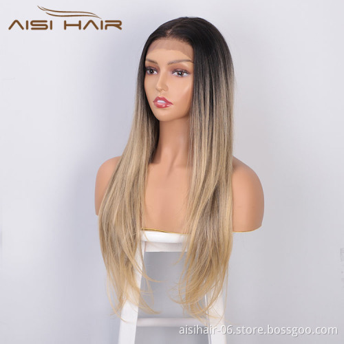 Aisi Hair High Quality 13x6 Long Silky Straight Wig Ombre Blonde Swiss Lace Wig Synthetic Hair Lace Front Wigs For Black Women